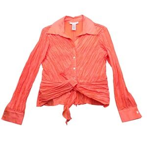 VTG‎ Y2K Jackie Jon Crinkle Tie-Front Ruched Long Sleeve Blouse Womens Size 10
